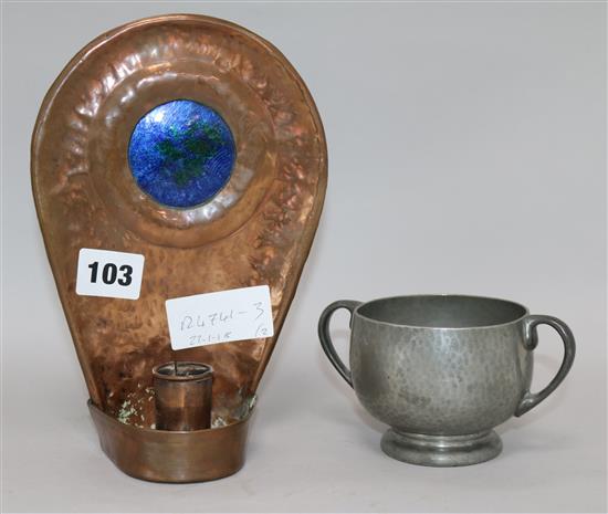 An Arts & Crafts copper and enamel wall sconce and a Tudric pewter jug, sconce height 21cm